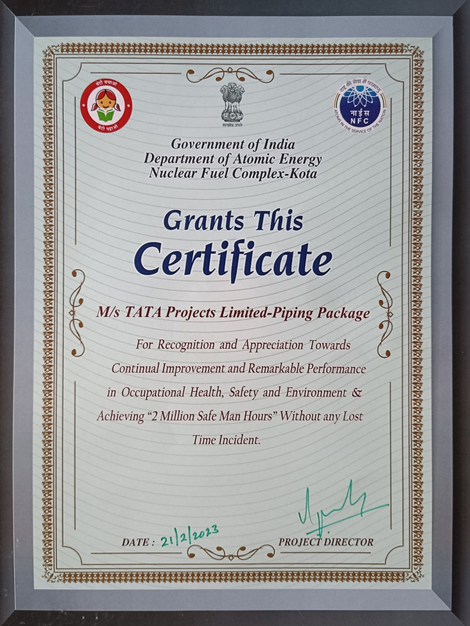 Certificate of Appreciation Nuclear Fuel Complex Kota