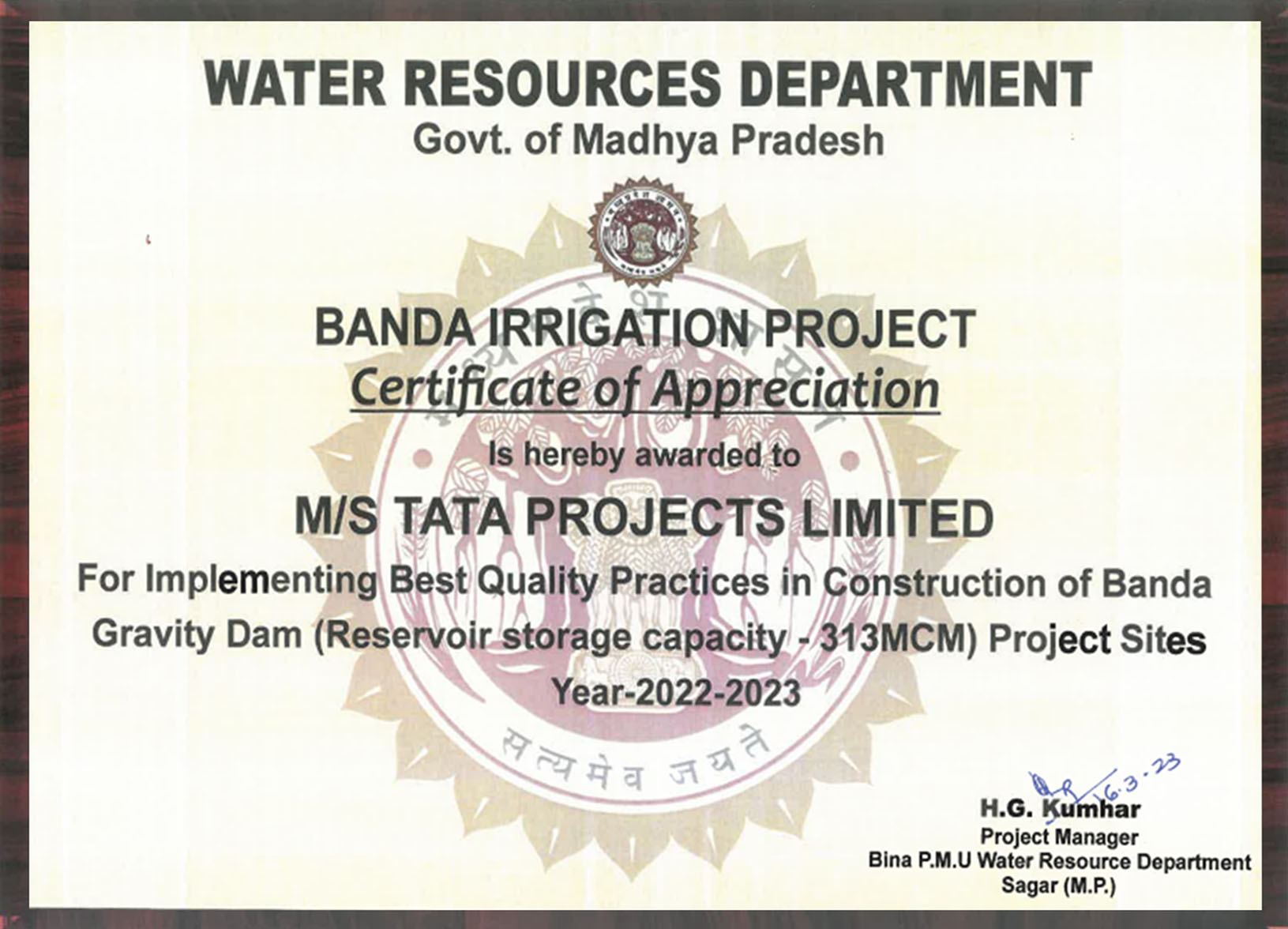 SBU HCI - 340085- -Banda Irrigation - Appreciation letter received from Water Resources Dept, Govt. of MP (Client) for implementing Best Quality Practices in construction of Banda Gravity Dam Project.
