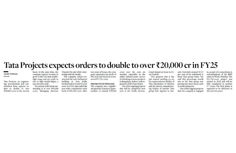 Tata Projects sees order intake doubling to over ₹20,000 crore in FY25