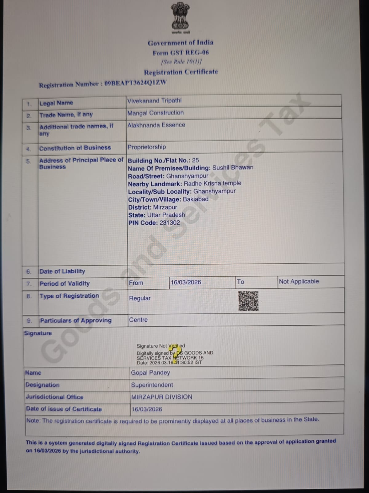 GST Certificate of Mangal Construction 