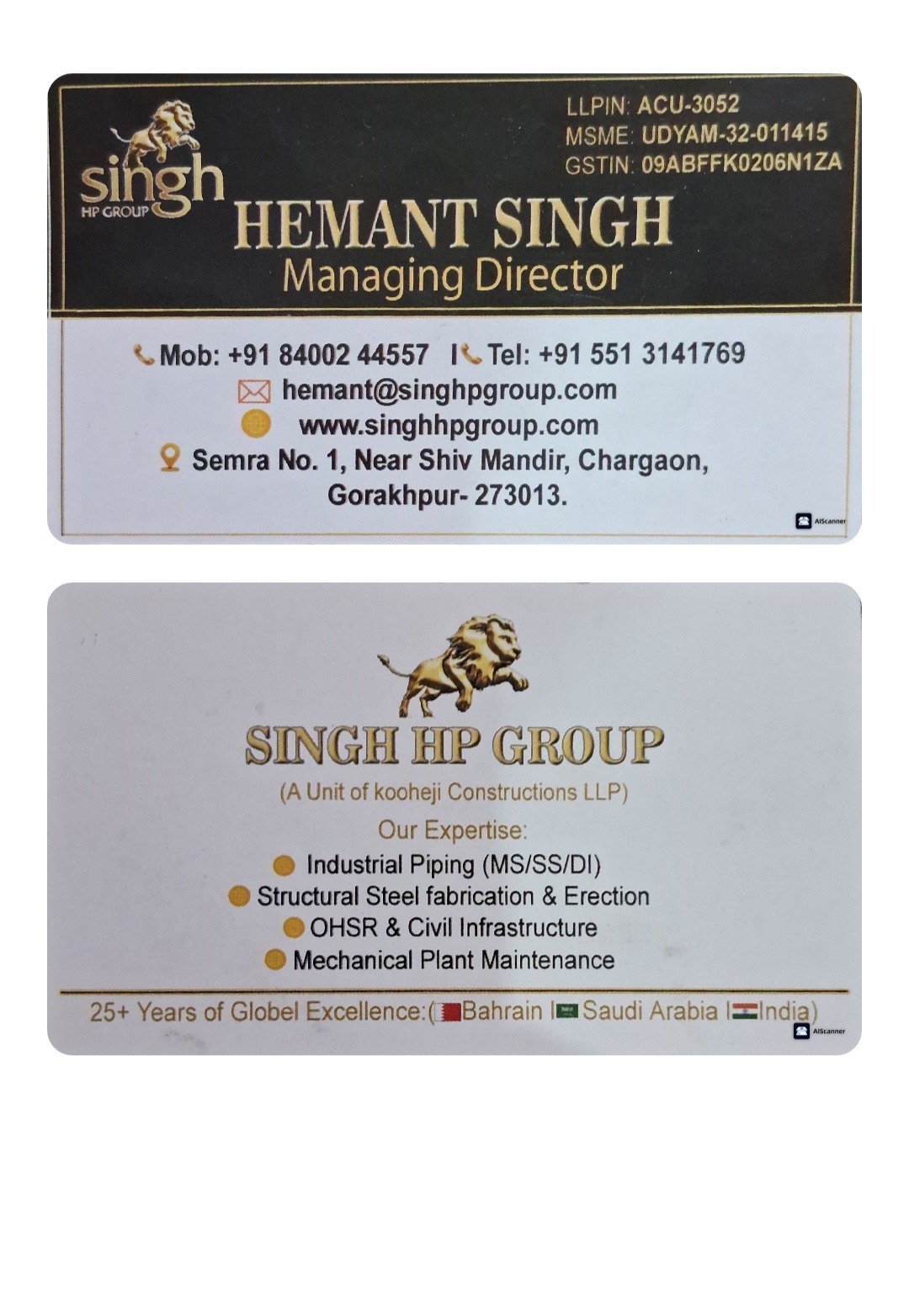 Business Card of Hemant Singh, Managing Director of Singh HP Group and Kooheji Constructions LLP