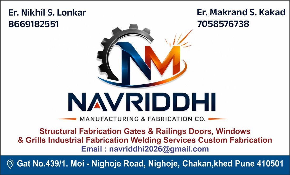 Navriddhi Manufacturing & Fabrication Co. logo with company name, contact details, and industrial fabrication services in Pune, Maharashtra.