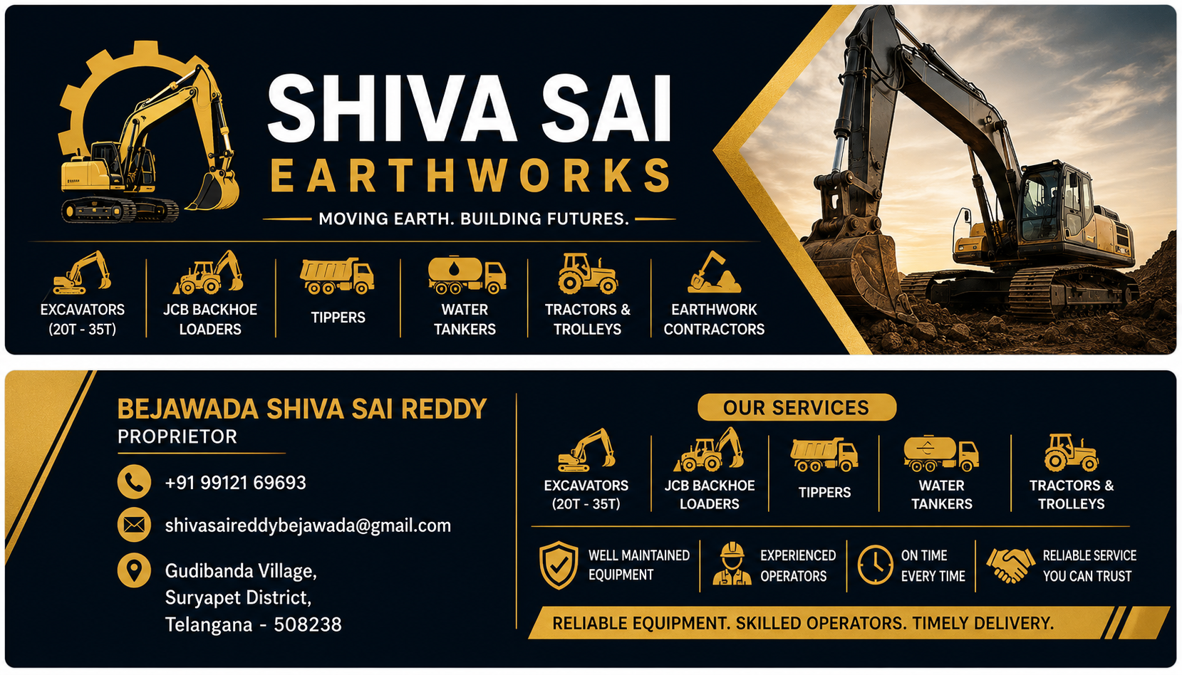 Shiva Sai Earthworks business card with excavator branding, equipment rental services, and contact detail