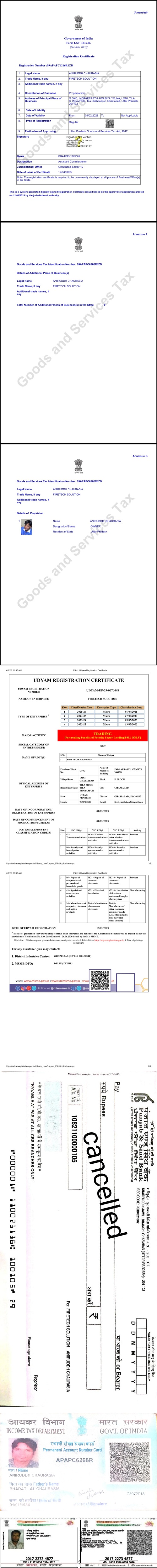 GST ,MSME PAN,AADHAR CANCELLED CHEQUE