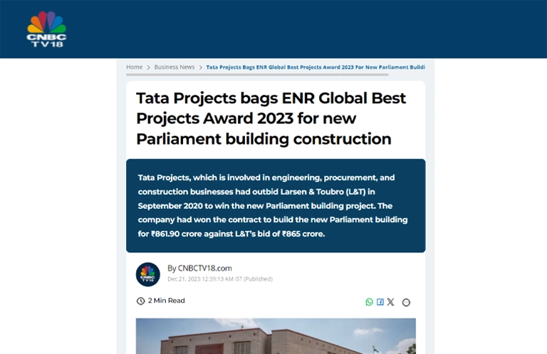 Tata Projects New Parliament Building Wins ENR's Global Best Projects Awards 2023